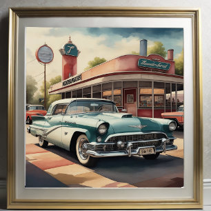 Waterverf Schilderen van Vintage Auto en Diner Poster