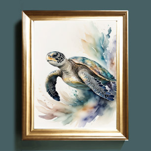 Waterverf Schilderen van Zee Turtle Muted Colours Poster