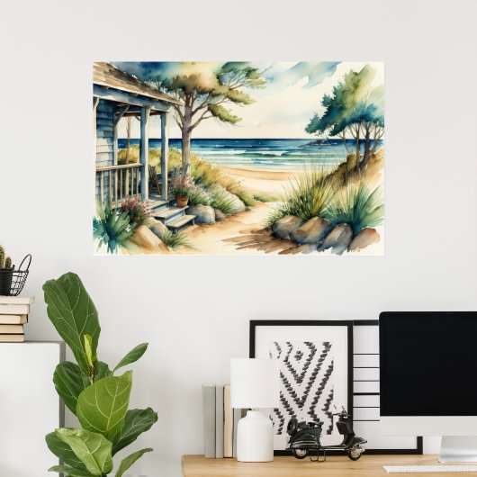 Waterverf Schilderen Zee Uitzicht Voorportiek Poster (Thuiskantoor)