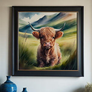 Waterverf schilderij Baby Highland Koe Sitting 1:1 Poster