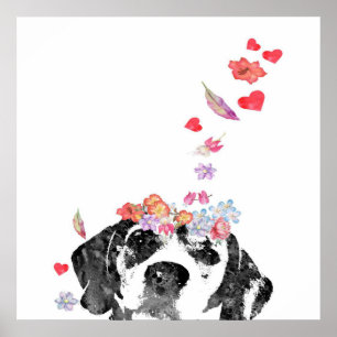 Waterverf Schilderij Beagle Dog Kransbloemen Poster