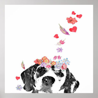 Waterverf Schilderij Beagle Dog Kransbloemen Poster