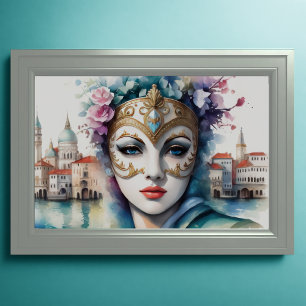 Waterverf Schilderij Dame Dragen Venetiaans Masker Poster