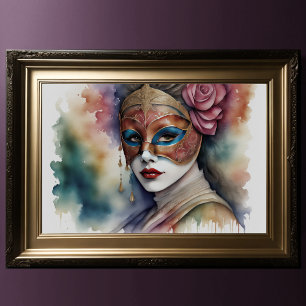 Waterverf Schilderij Dame Dragen Venetiaanse Maske Poster
