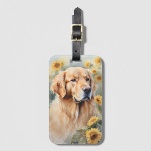 Waterverf schilderij Golden Retriever en zonnebloe Bagagelabel