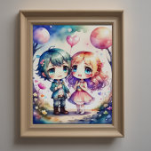Waterverf Schilderij Kawaii Chibi Mannelijk Vrouw Poster