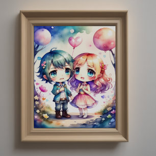 Waterverf Schilderij Kawaii Chibi Mannelijk Vrouw  Poster