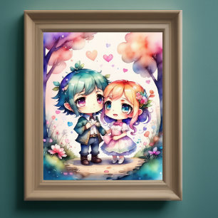 Waterverf Schilderij Kawaii Chibi Mannelijk Vrouw  Poster