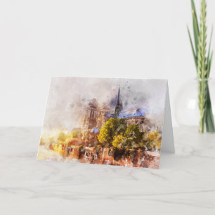 Waterverf Schilderij Notre Dame Kathedraal Sunrise Bedankkaart