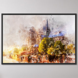 Waterverf Schilderij Notre Dame Kathedraal Sunrise Foto Afdruk