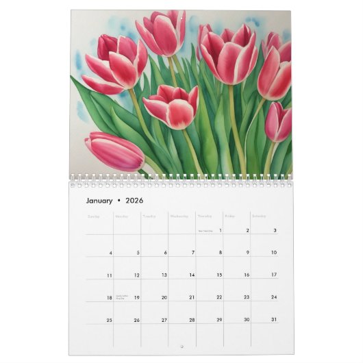 Waterverf schilderij tulpen kleurrijke flora kalender (Jan 2026)