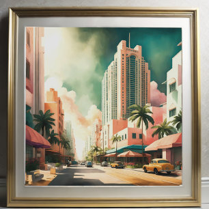 Waterverf Schilderij van Art Deco Miami Poster