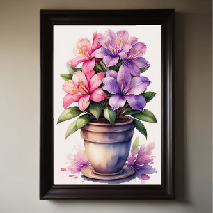 Waterverf Schilderij van Azalea in Pot Paarse Poster