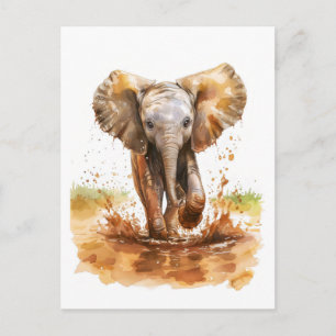 Waterverf schilderij van baby olifant spatten modd feestdagenkaart