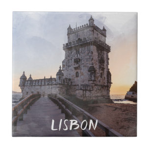 Waterverf schilderij van Belem-toren bij zonsonder Tegeltje