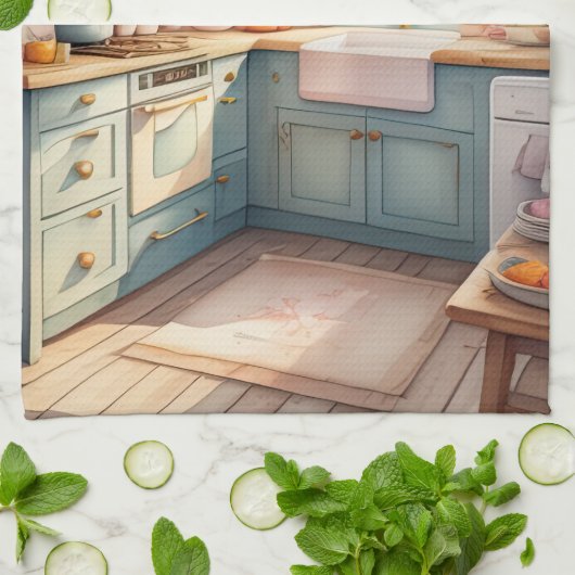 Waterverf Schilderij van Boerderij Keuken Theedoek (Gevouwen)