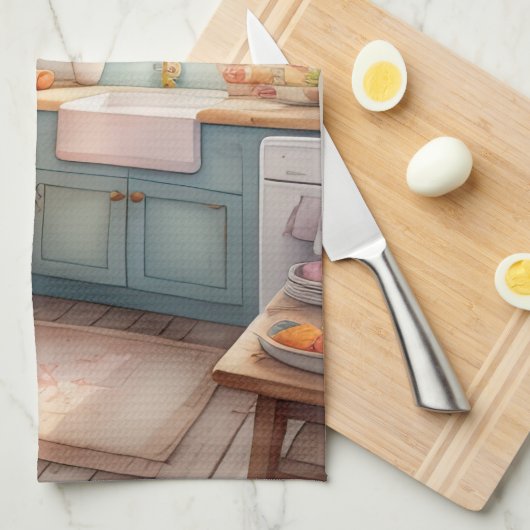 Waterverf Schilderij van Boerderij Keuken Theedoek (Quarter Fold)