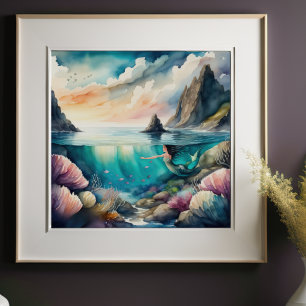 Waterverf Schilderij van Brunette Zeemeermin 1:1 Poster