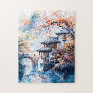 Waterverf schilderij van de Chinese tempel en het Legpuzzel