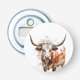 waterverf schilderij van een Longhorn koe Button Flesopener