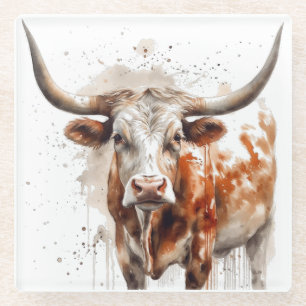 waterverf schilderij van een Longhorn koe Glazen Onderzetter