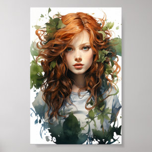 Waterverf schilderij van een roodharig meisje poster