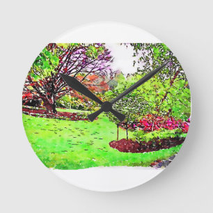 Waterverf schilderij van een weelderige lentetuin ronde klok