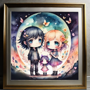 Waterverf Schilderij van Familie Kawaii Chibi 1:1 Poster