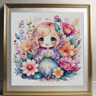 Waterverf Schilderij van Floral Kawaii Chibi 1:1 Poster