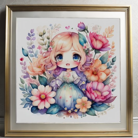 Waterverf Schilderij van Floral Kawaii Chibi 1:1 Poster