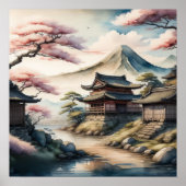 Waterverf Schilderij van het oude Japanse dorp Poster (Voorkant)