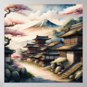 Waterverf Schilderij van het oude Japanse dorp Poster (Voorkant)