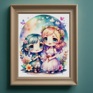 Waterverf Schilderij van Kawaii Chibi 2 Vrouw II Poster