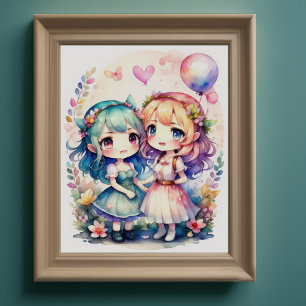 Waterverf Schilderij van Kawaii Chibi 2 Vrouw III Poster