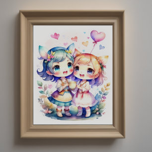 Waterverf Schilderij van Kawaii Chibi 2 Vrouw Poster