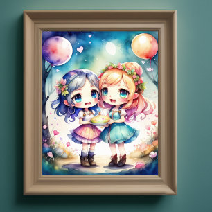 Waterverf Schilderij van Kawaii Chibi 2 Vrouw V Poster