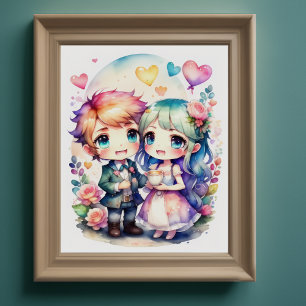 Waterverf Schilderij van Kawaii Chibi Mannelijk Vr Poster