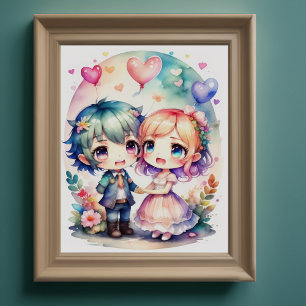 Waterverf Schilderij van Kawaii Chibi Mannelijk Vr Poster