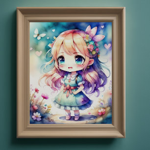 Waterverf Schilderij van Kawaii Chibi Vrouw II Poster