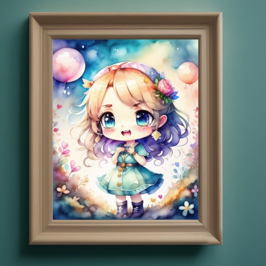 Waterverf Schilderij van Kawaii Chibi Vrouw Poster