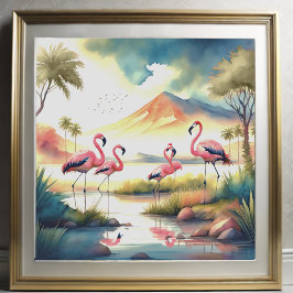 Waterverf Schilderij van Kudde van Flamingo's 1:1 Poster