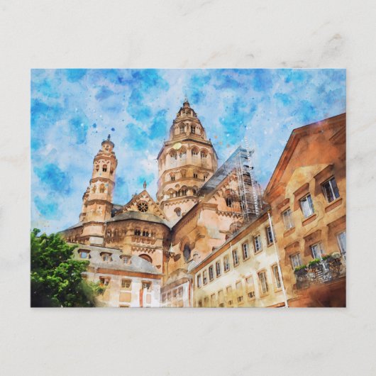 Waterverf schilderij van Mainz Cathedral in Duitsl Briefkaart (Voorkant)