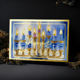 Waterverf Schilderij van Menorah Blue White Candle Folie Feestdagenkaart