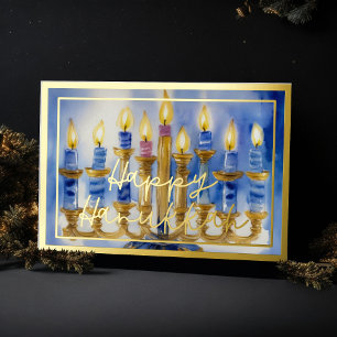 Waterverf Schilderij van Menorah Blue White Candle Folie Feestdagenkaart