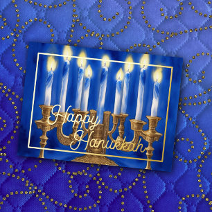 Waterverf Schilderij van Menorah Blue White Candle Folie Feestdagenkaart