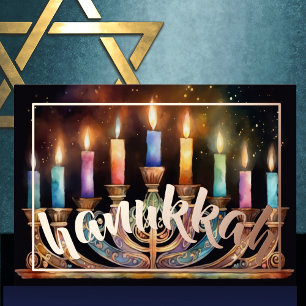 Waterverf schilderij van Menorah Kleurrijke kaarse Folie Feestdagenkaart