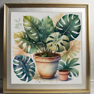 Waterverf Schilderij van Monstera in Pot II Poster