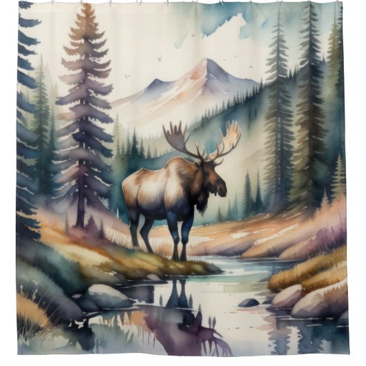 Waterverf Schilderij van Moose in Forest Douchegordijn (Voorkant)