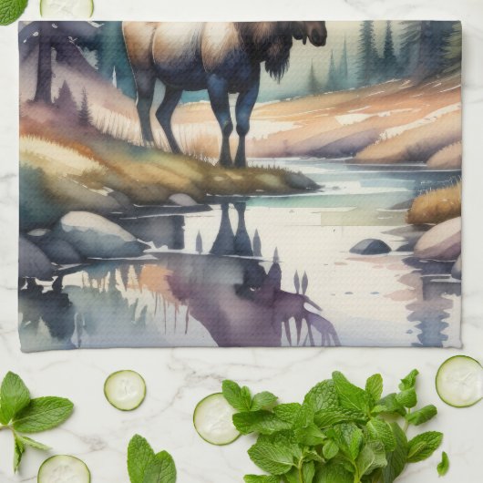 Waterverf Schilderij van Moose in Forest Theedoek (Gevouwen)