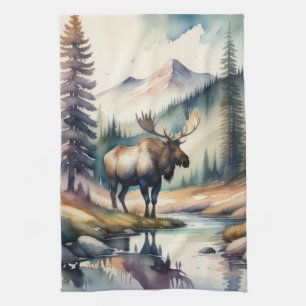 Waterverf Schilderij van Moose in Forest Theedoek